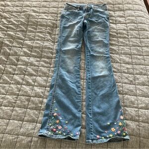 Hand embroidered Old Navy micro-flare mid-rise jeans, size 0